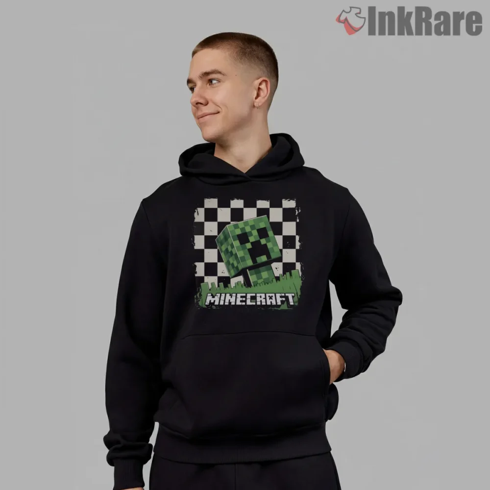 Minecraft Creeper Checkered Retro Graphic Shirt on black hoodie for men graphic tee