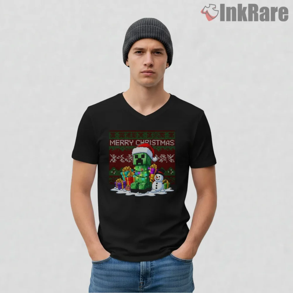 Minecraft Creeper Christmas Gift Sweater Style Shirt on black v-neck shirt for men graphic tee
