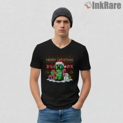 Minecraft Creeper Christmas Gift Sweater Style Shirt on black v-neck shirt for men graphic tee