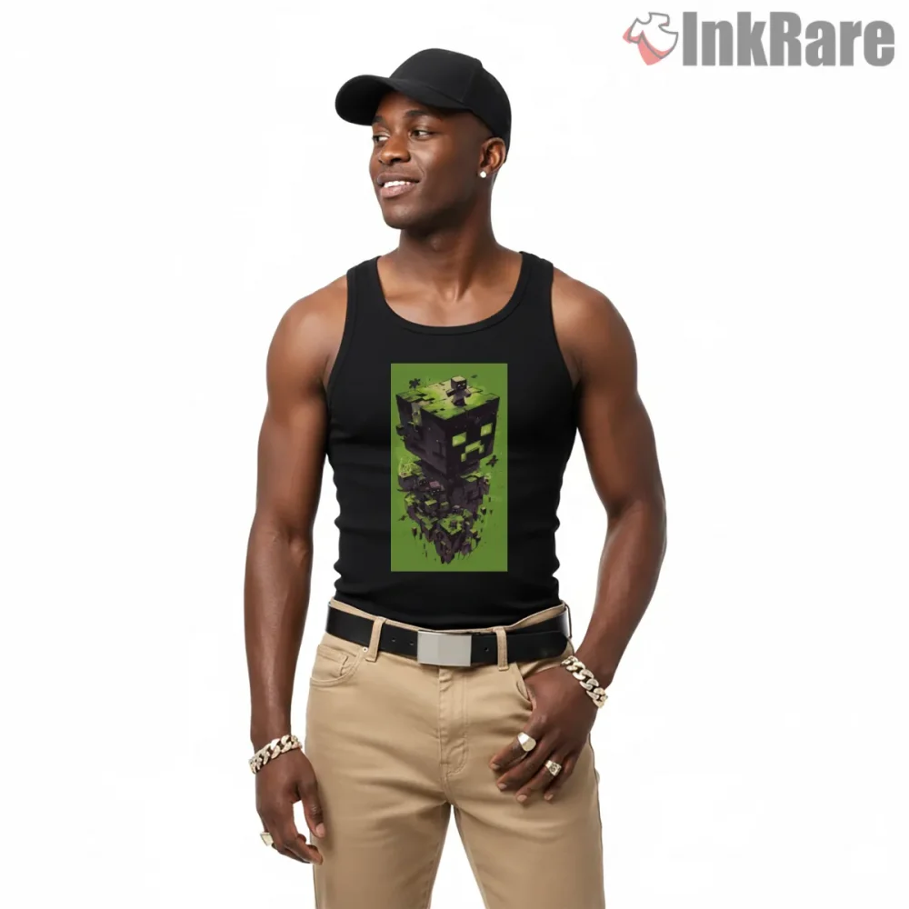 Minecraft Creeper Floating Island Voxel Art Shirt on black tank top for men graphic tee