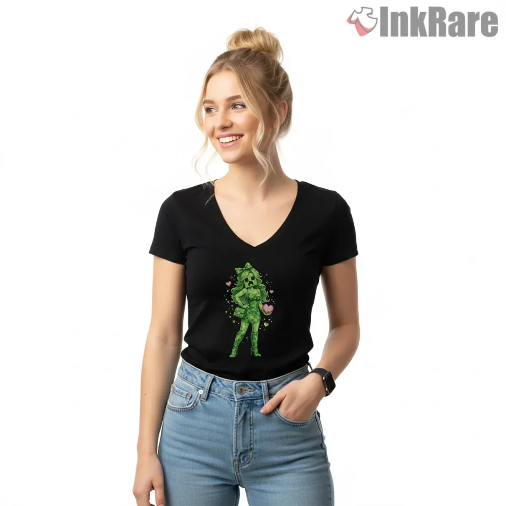 Minecraft Creeper Girl Cute Gamer Aesthetic Shirt on black v-neck shirt for women graphic tee