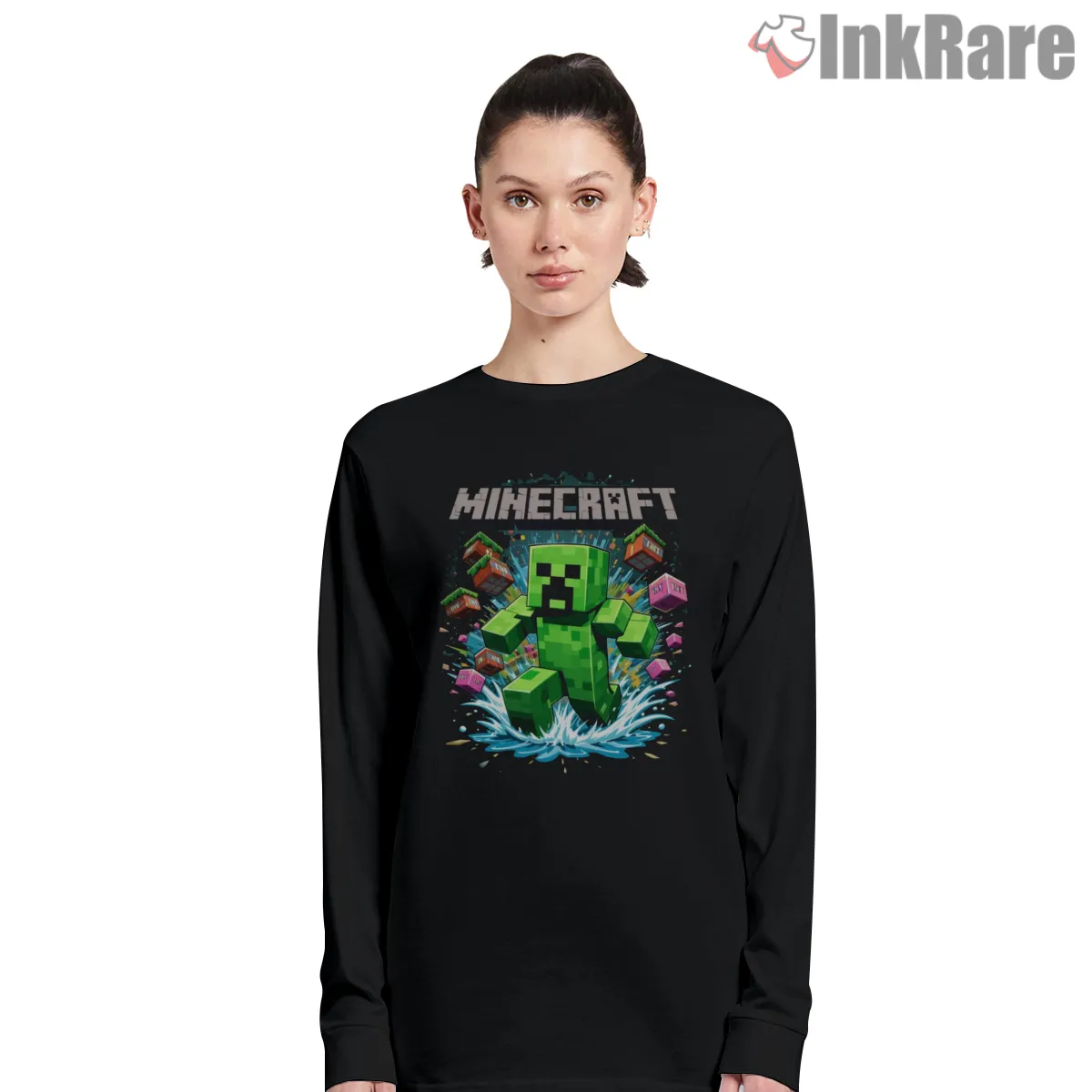 Minecraft Creeper Splash Water Action Shirt on black long sleeve shirt for women graphic tee