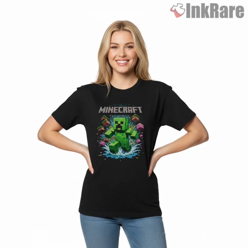 Minecraft Creeper Splash Water Action Shirt on black short sleeve shirt for women graphic tee