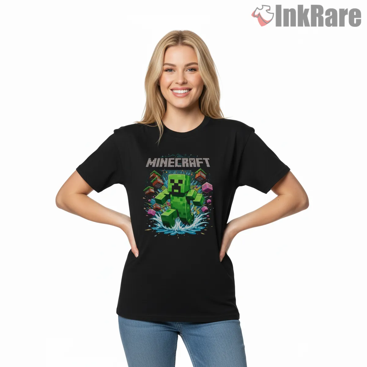 Minecraft Creeper Splash Water Action Short Sleeve Black Minecraft Creeper Splash Water Action Shirt on black short sleeve shirt for women graphic tee