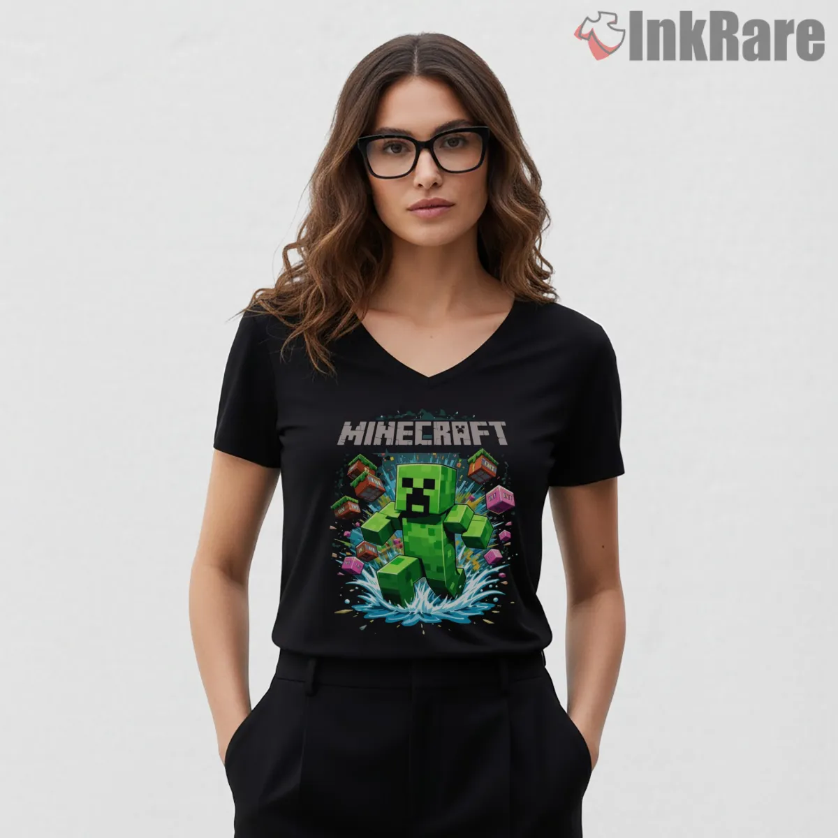 Minecraft Creeper Splash Water Action V Neck Black Minecraft Creeper Splash Water Action Shirt on black v-neck shirt for women graphic tee