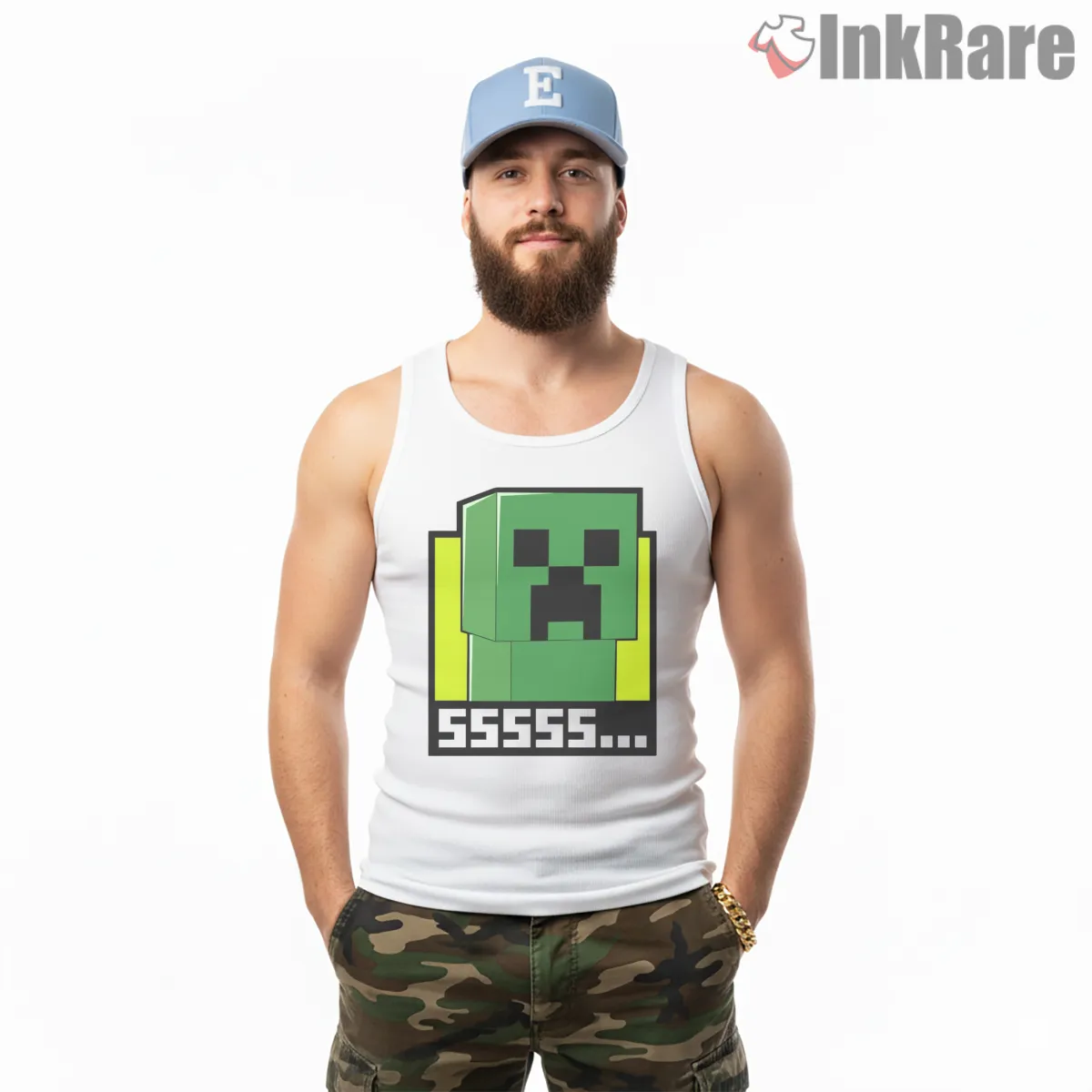 Minecraft Creeper Sssss Meme Pixel Face Shirt on white tank top for men graphic tee