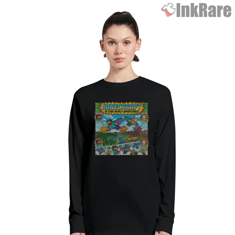 Minecraft Cube World Comic Adventure Panel Shirt on black long sleeve shirt for women graphic tee