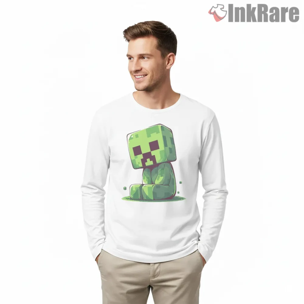 Minecraft Cute Creeper Sitting Pixel Character Shirt on white long sleeve shirt for men graphic tee