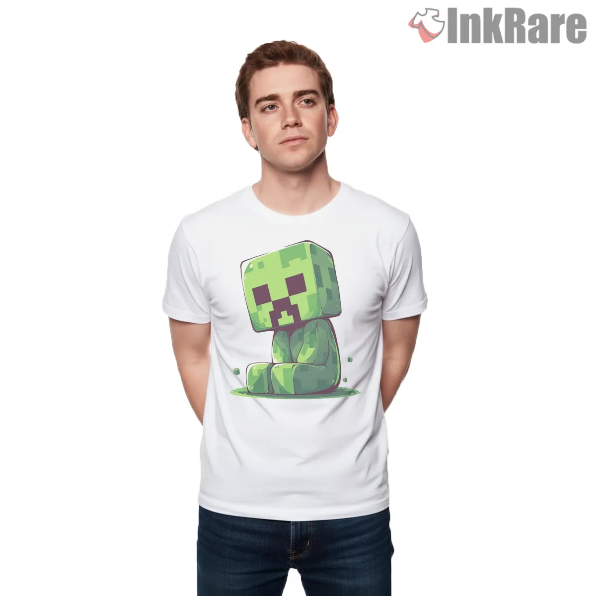 Minecraft Cute Creeper Sitting Pixel Character Shirt on white short sleeve shirt for men graphic tee