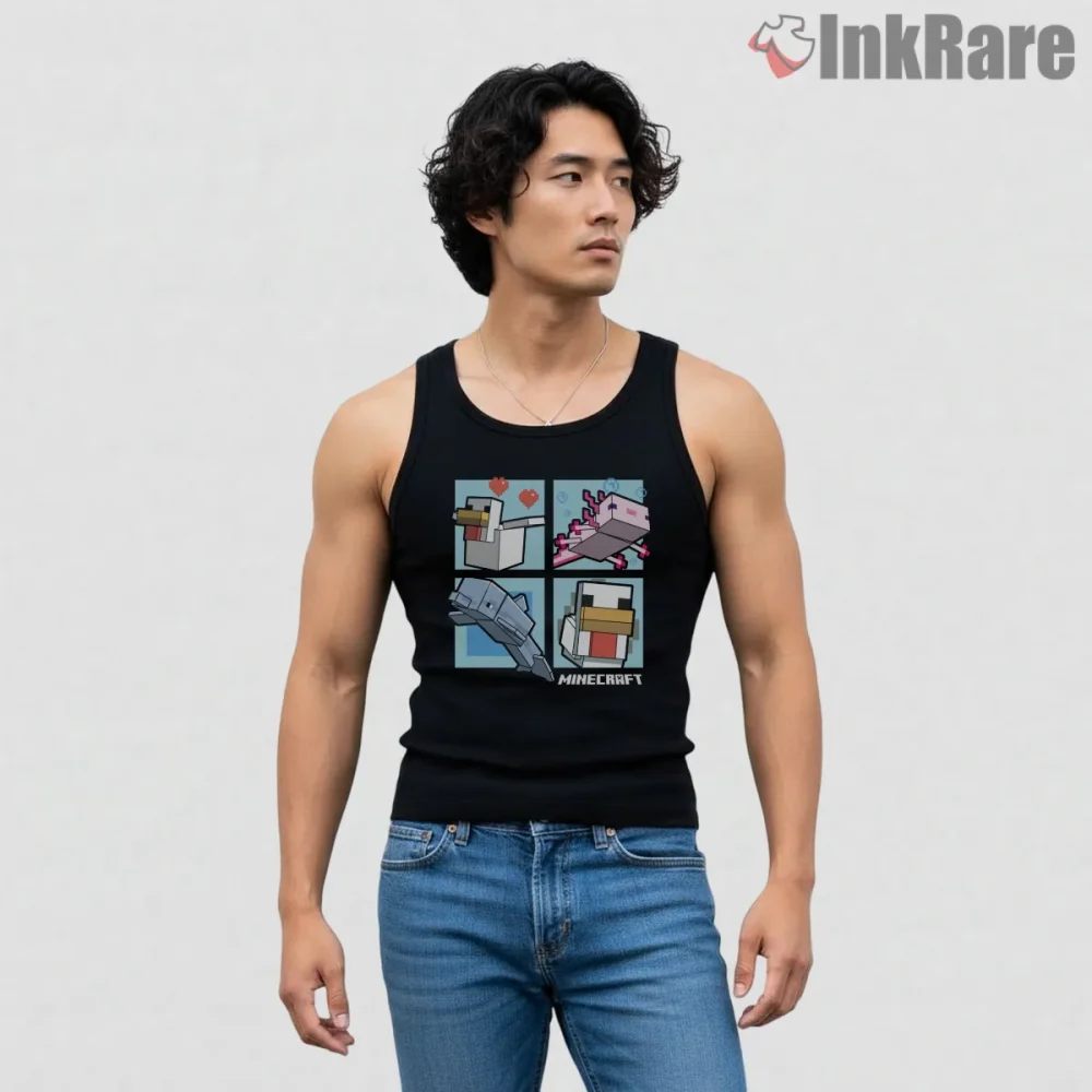 Minecraft Cute Pets Pixel Animal Collection Shirt on black tank top for men graphic tee