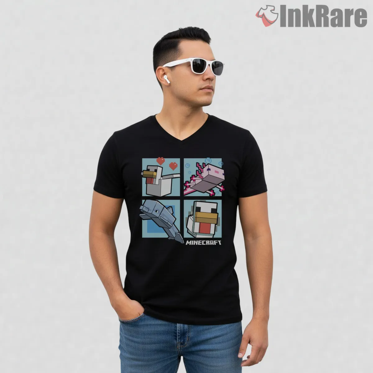 Minecraft Cute Pets Pixel Animal Collection Shirt on black v-neck shirt for men graphic tee
