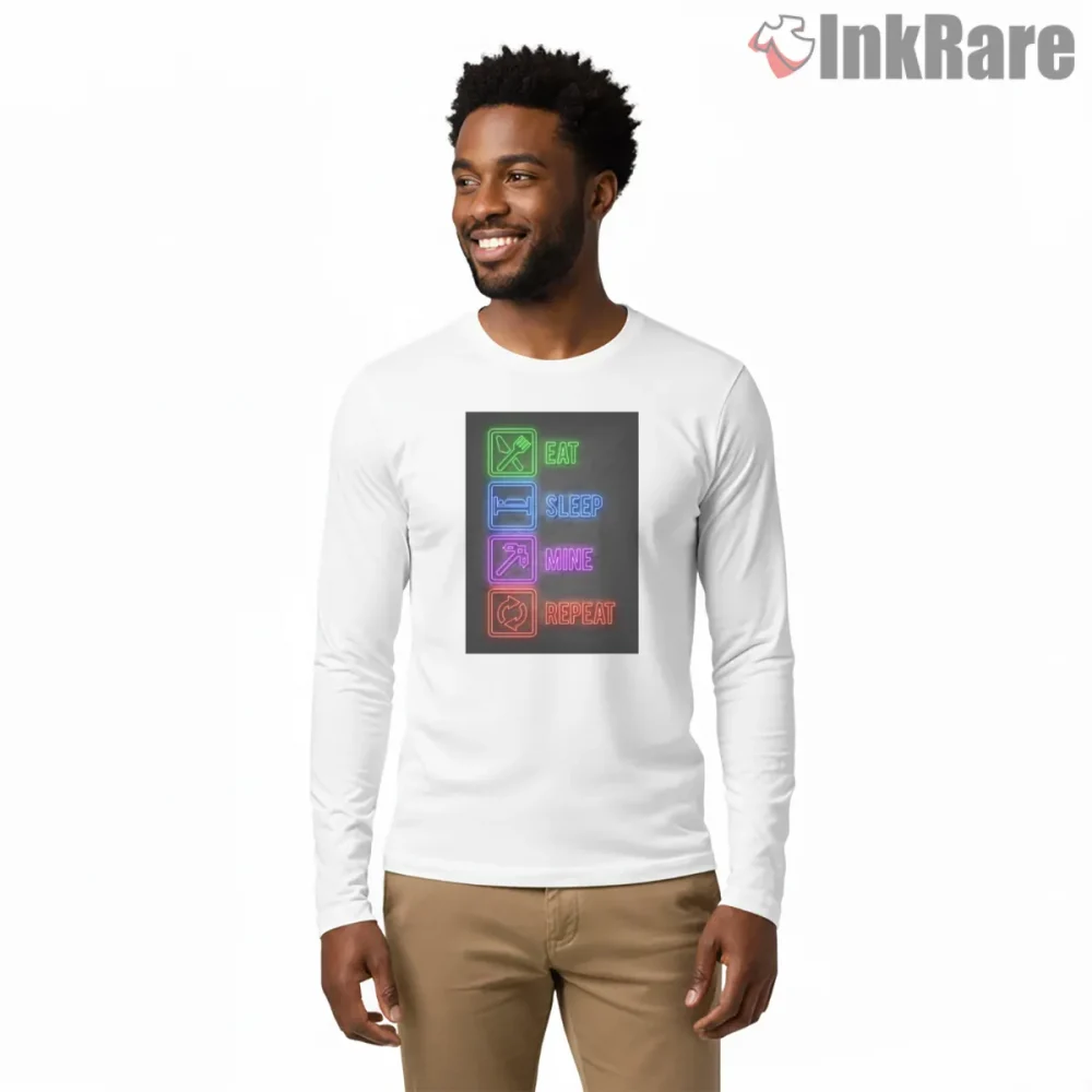 Minecraft Eat Sleep Mine Repeat Neon Gamer Shirt on white long sleeve shirt for men graphic tee