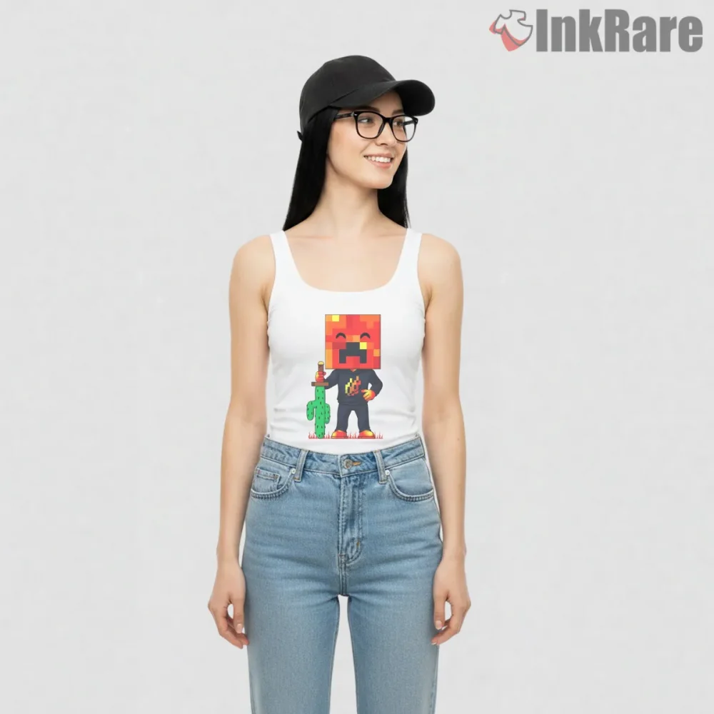 Minecraft Fire Head Gamer Skin Lava Style Shirt on white tank top for women graphic tee