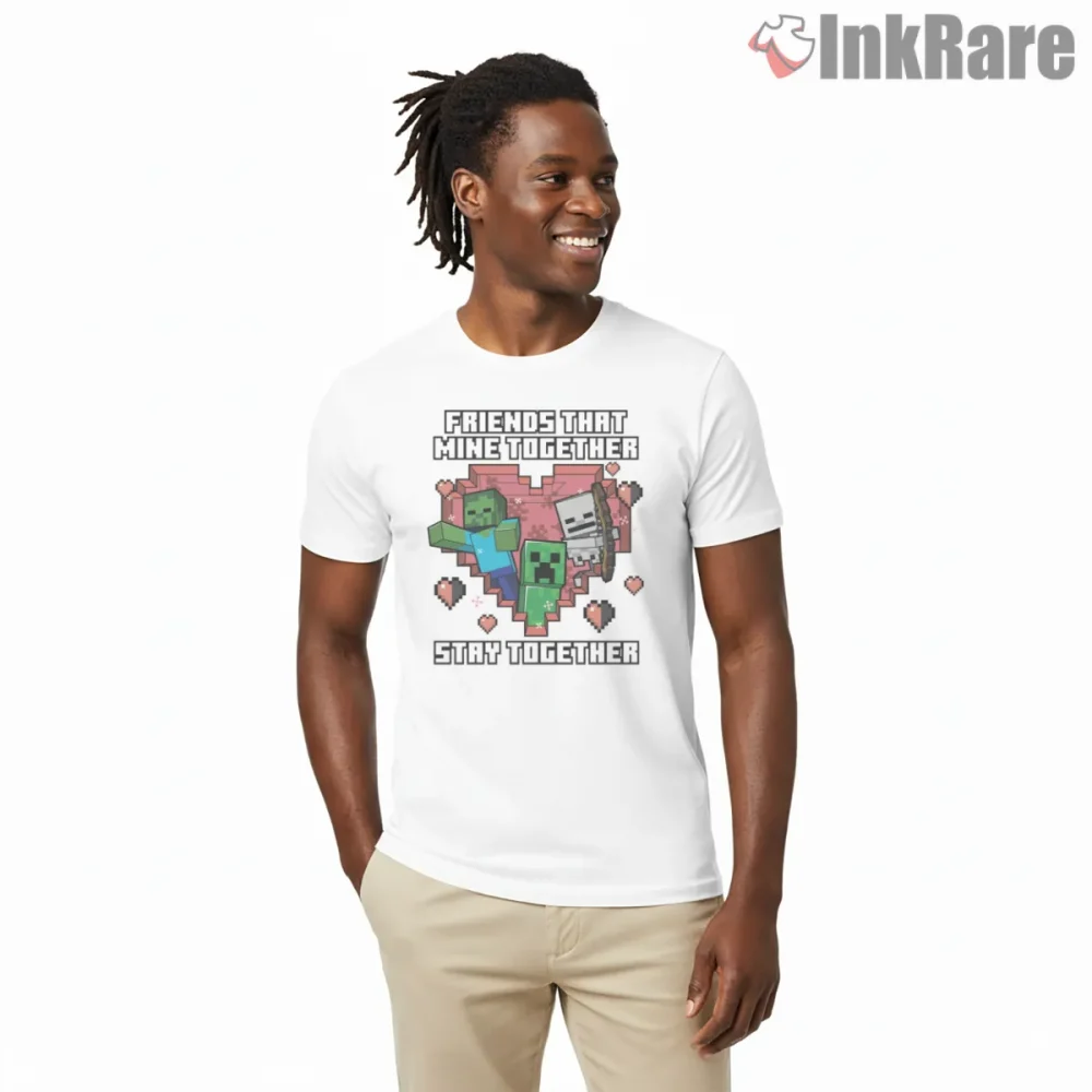 Minecraft Friends Stay Together Heart Pixel Shirt on white short sleeve shirt for men graphic tee