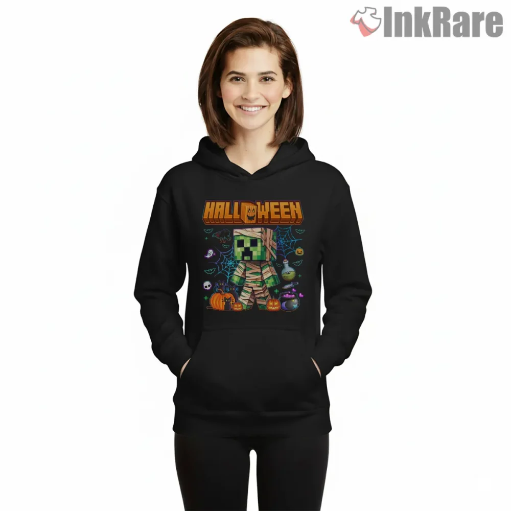 Minecraft Halloween Creeper Spooky Pixel Costume Shirt on black hoodie for women graphic tee