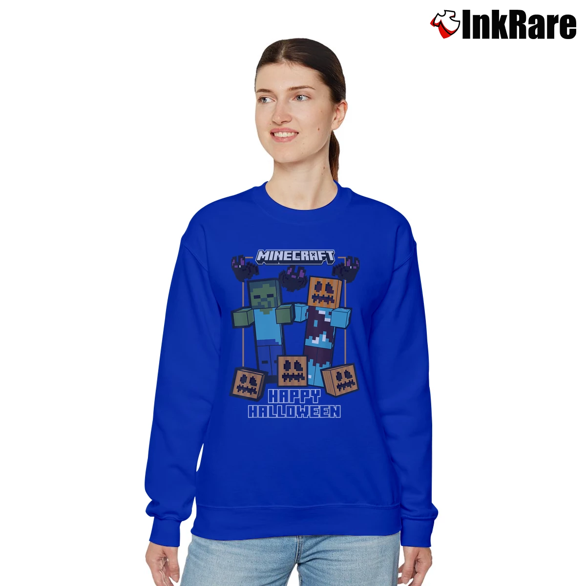 Women’s Minecraft Happy Halloween Pumpkin Zombie Relaxed Sweatshirt in royal blue | Soft, Laid-Back Vibe