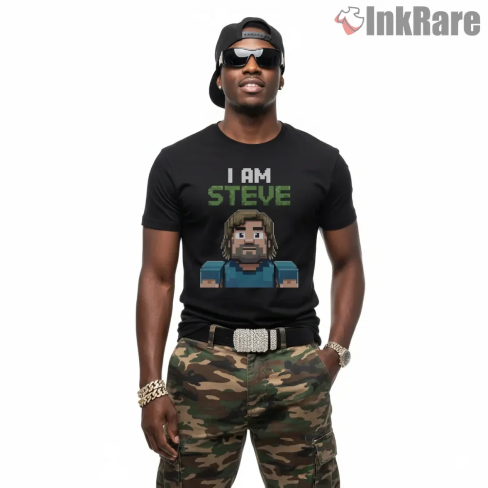 Minecraft I Am Steve Pixel Identity Gamer Shirt on black short sleeve shirt for men graphic tee