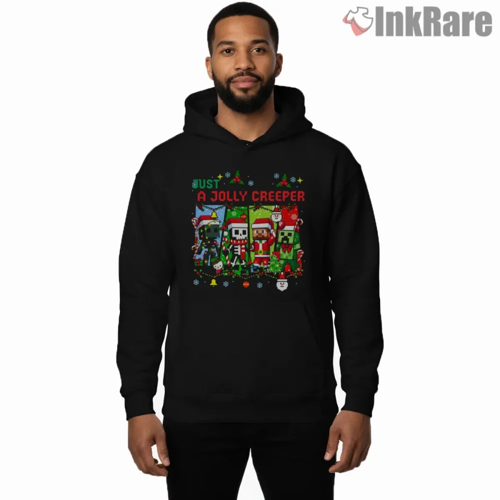 Minecraft Jolly Creeper Christmas Party Shirt on black hoodie for men graphic tee