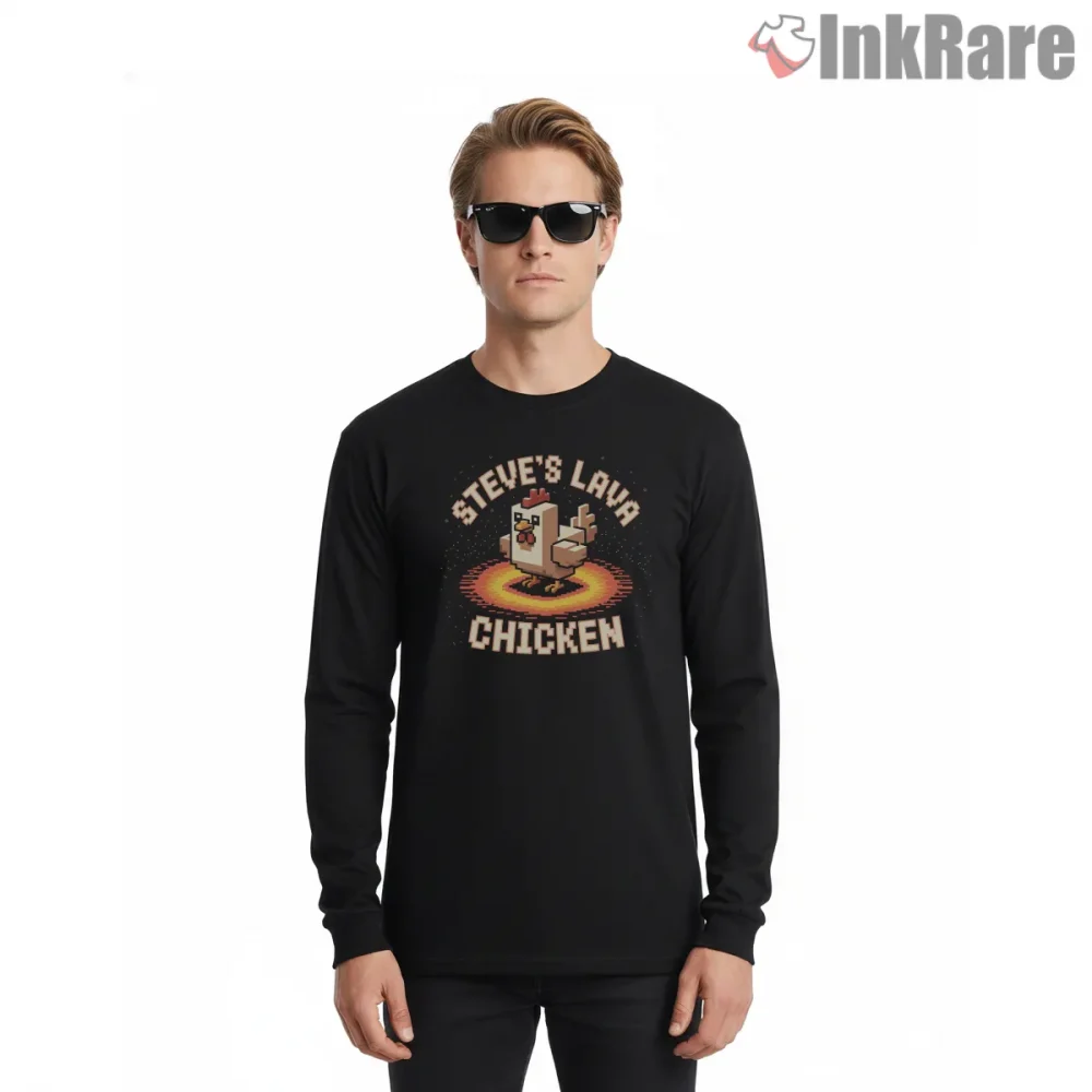 Minecraft Lava Chicken Meme Pixel Humor Shirt on black long sleeve shirt for men graphic tee