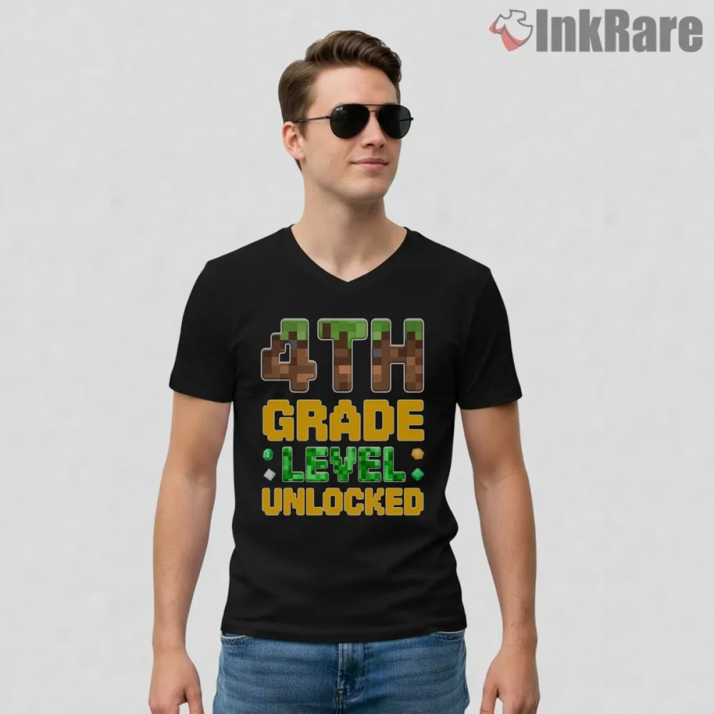 Minecraft Level Unlocked 4th Grade Gamer Shirt on black v-neck shirt for men graphic tee
