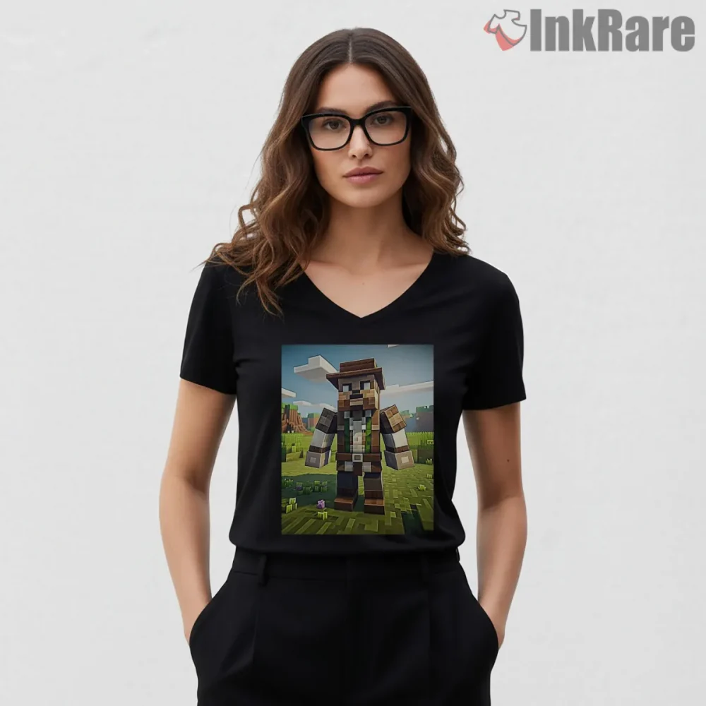 Minecraft Master Farmer Village Life Character Shirt on black v-neck shirt for women graphic tee