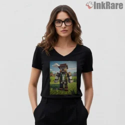 Minecraft Master Farmer Village Life Character Shirt on black v-neck shirt for women graphic tee