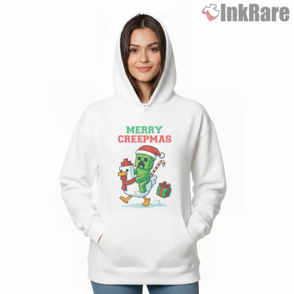 Minecraft Merry Creepmas Chicken Jockey Holiday Shirt on white hoodie for women graphic tee