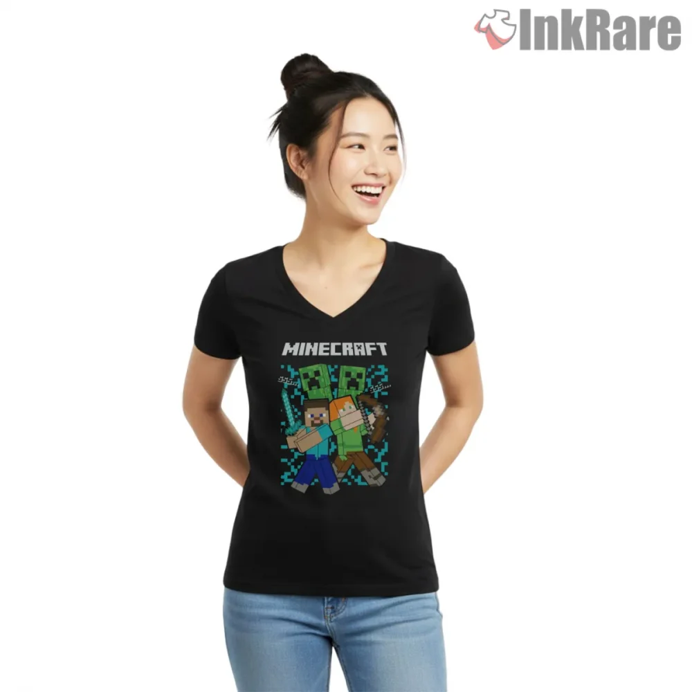 Minecraft Steve Alex Character Heads Duo Shirt on black v-neck shirt for women graphic tee
