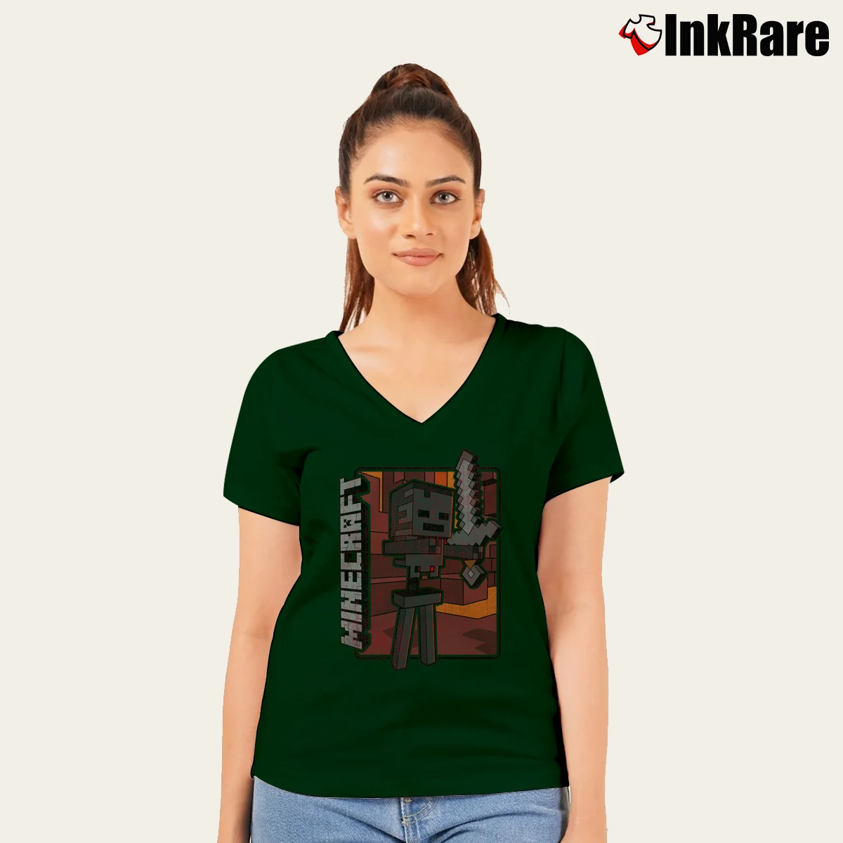 Women’s Minecraft Wither Skeleton V-Neck Tee in forest green | Chic Neckline, Soft Texture