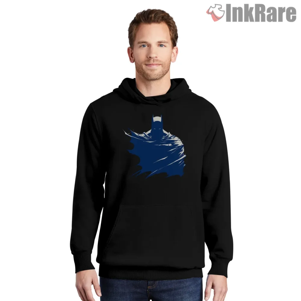 Minimal Blue Cape Batman Silhouette Shirt on black hoodie for men graphic tee