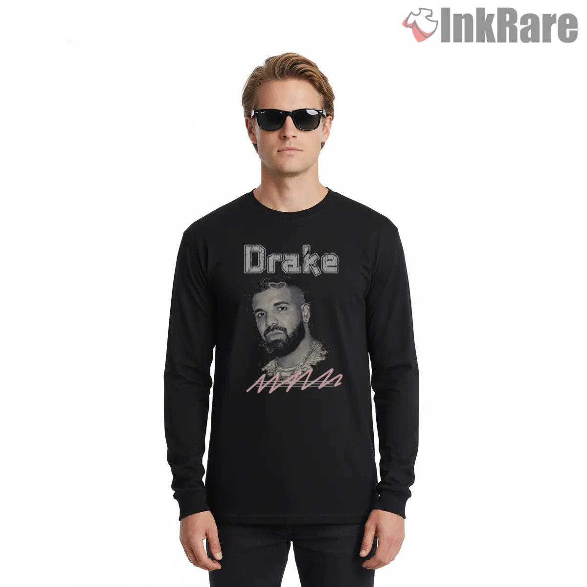 Minimal Drake Signature Sketch Shirt on black long sleeve shirt for men graphic tee