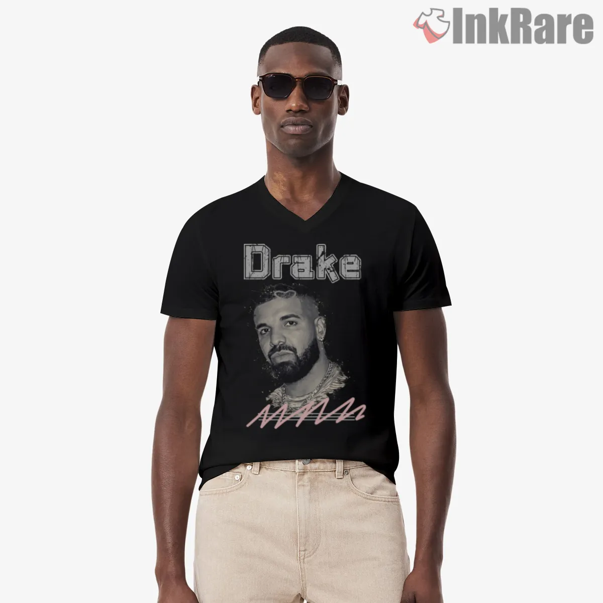 Minimal Drake Signature Sketch V Neck Black Minimal Drake Signature Sketch Shirt on black v-neck shirt for men graphic tee