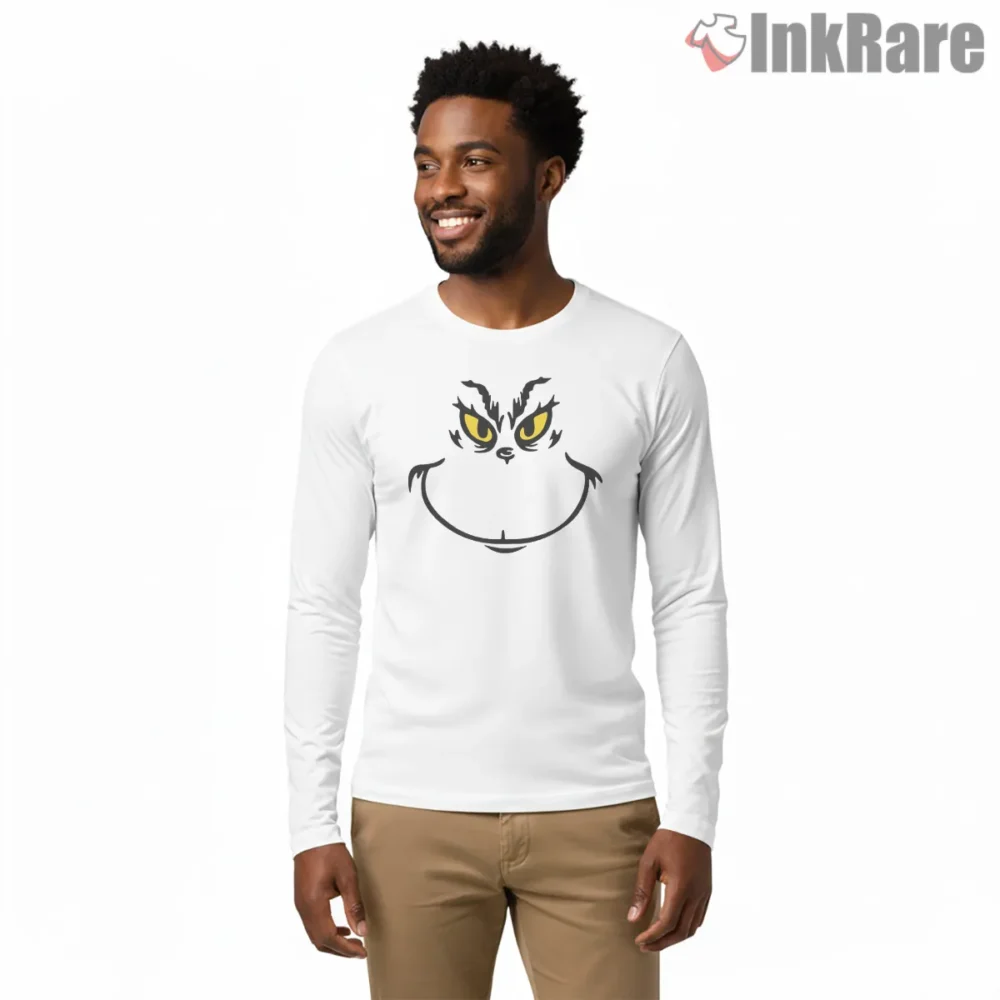 Minimal Grinch Face Christmas Shirt on white long sleeve shirt for men graphic tee