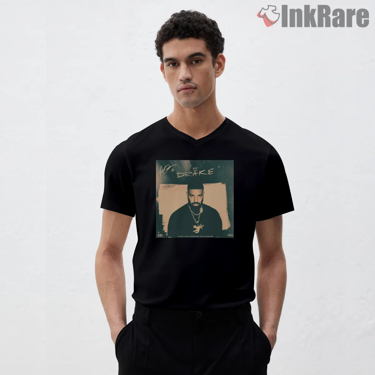 Minimal Rapper Drake Mic Portrait V Neck Black Minimal Rapper Drake Mic Portrait Shirt on black v-neck shirt for men graphic tee