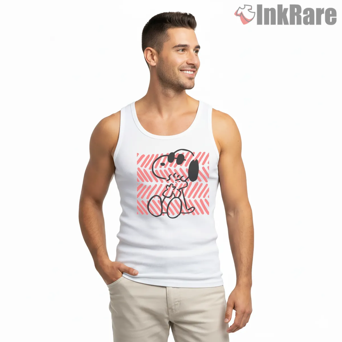 Minimal Snoopy And Woodstock Line Art Shirt on white tank top for men graphic tee
