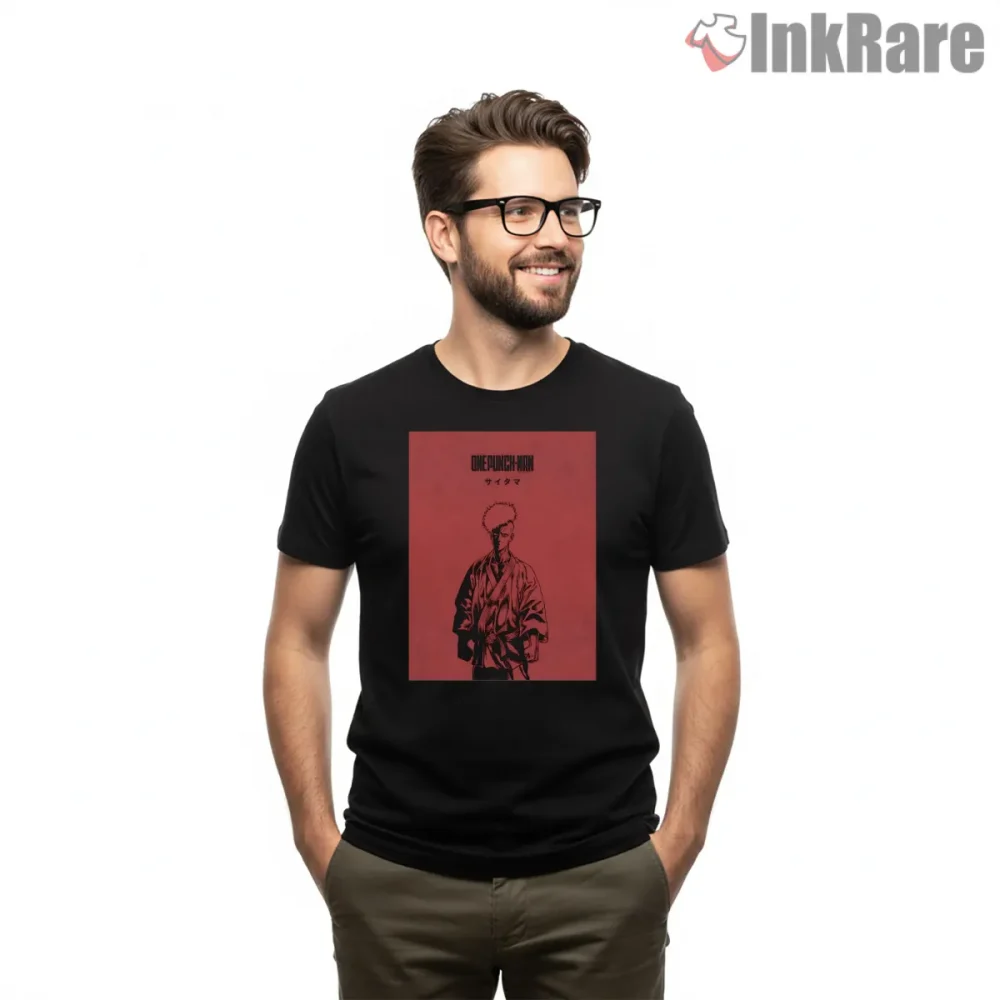 Minimalist Saitama Zen Manga Portrait Shirt on black short sleeve shirt for men graphic tee