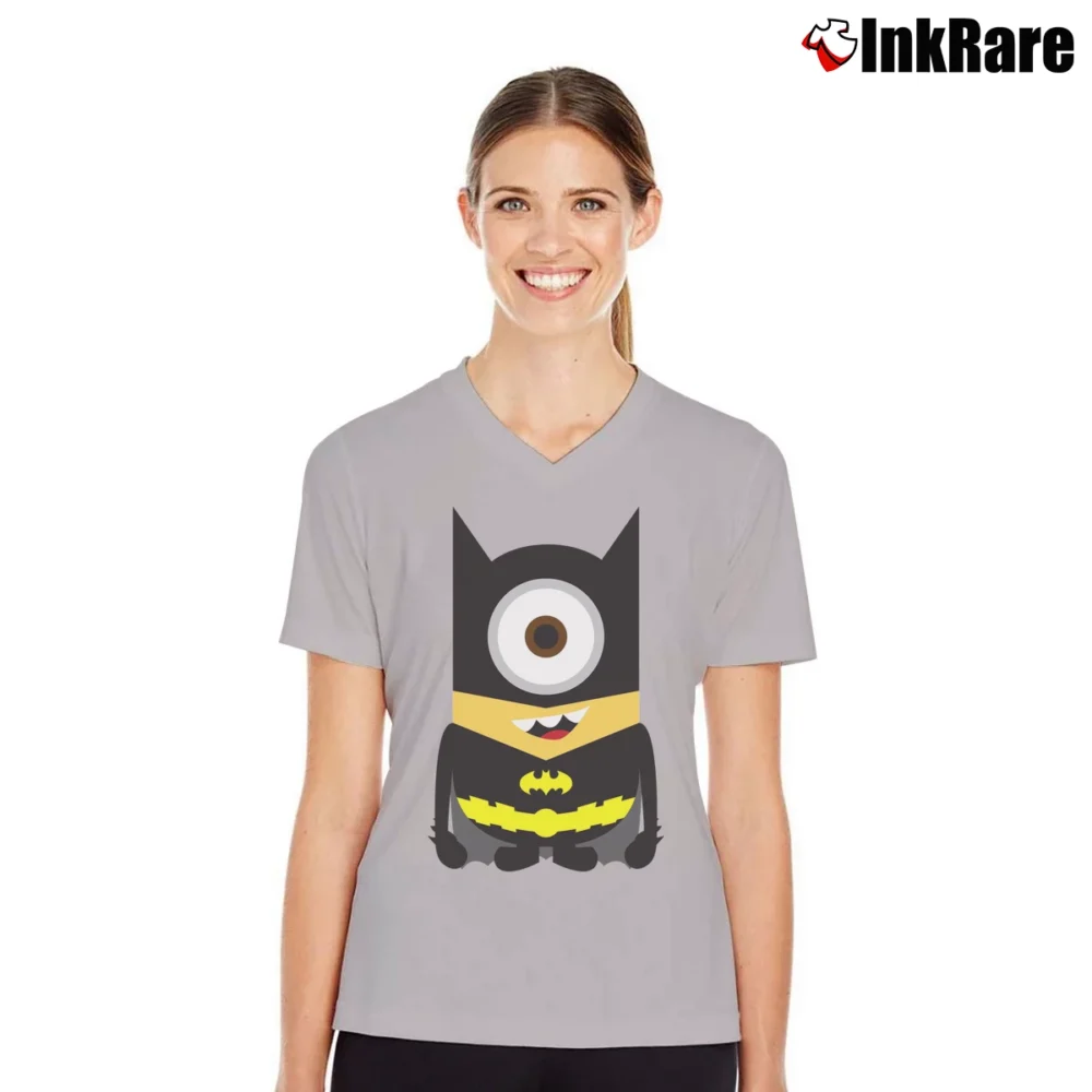 Women’s Minion Batman Cartoon Parody DC Comics V-Neck Tee in sport grey | Chic Neckline, Soft Texture