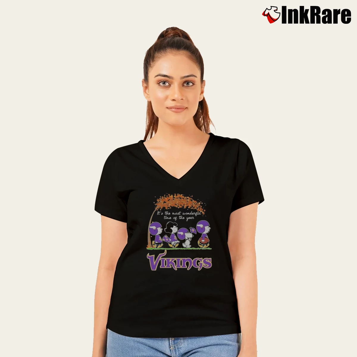 Minnesota Vikings Fall Is The Most Beautiful Time Of The Year Snoopy Women’s V-Neck Tee in black – Flattering Fit Women’s Minnesota Vikings Fall Is The Most Beautiful Time Of The Year Snoopy V-Neck Tee in black | Chic Neckline, Soft Texture