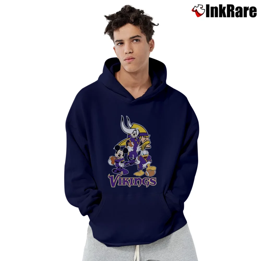 Men’s Minnesota Vikings Mickey Mouse Donald Goofy Football Pullover Hoodie in navy | Cozy, Durable, Modern Fit
