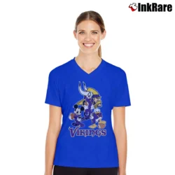 Women’s Minnesota Vikings Mickey Mouse Donald Goofy Football V-Neck Tee in royal blue | Chic Neckline, Soft Texture