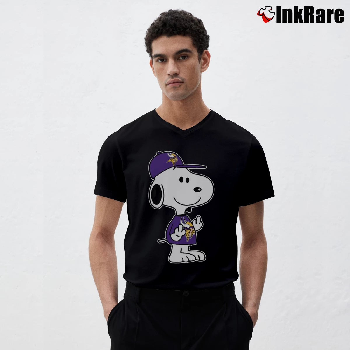 Men’s Minnesota Vikings Snoopy Double Middle Fingers Fck You V-Neck Tee in black | Sharp, Breathable, Everyday Staple