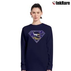 Women’s Minnesota Vikings x Superman Fan Design Long-Sleeve Top in navy | Sleek, Versatile, All-Season