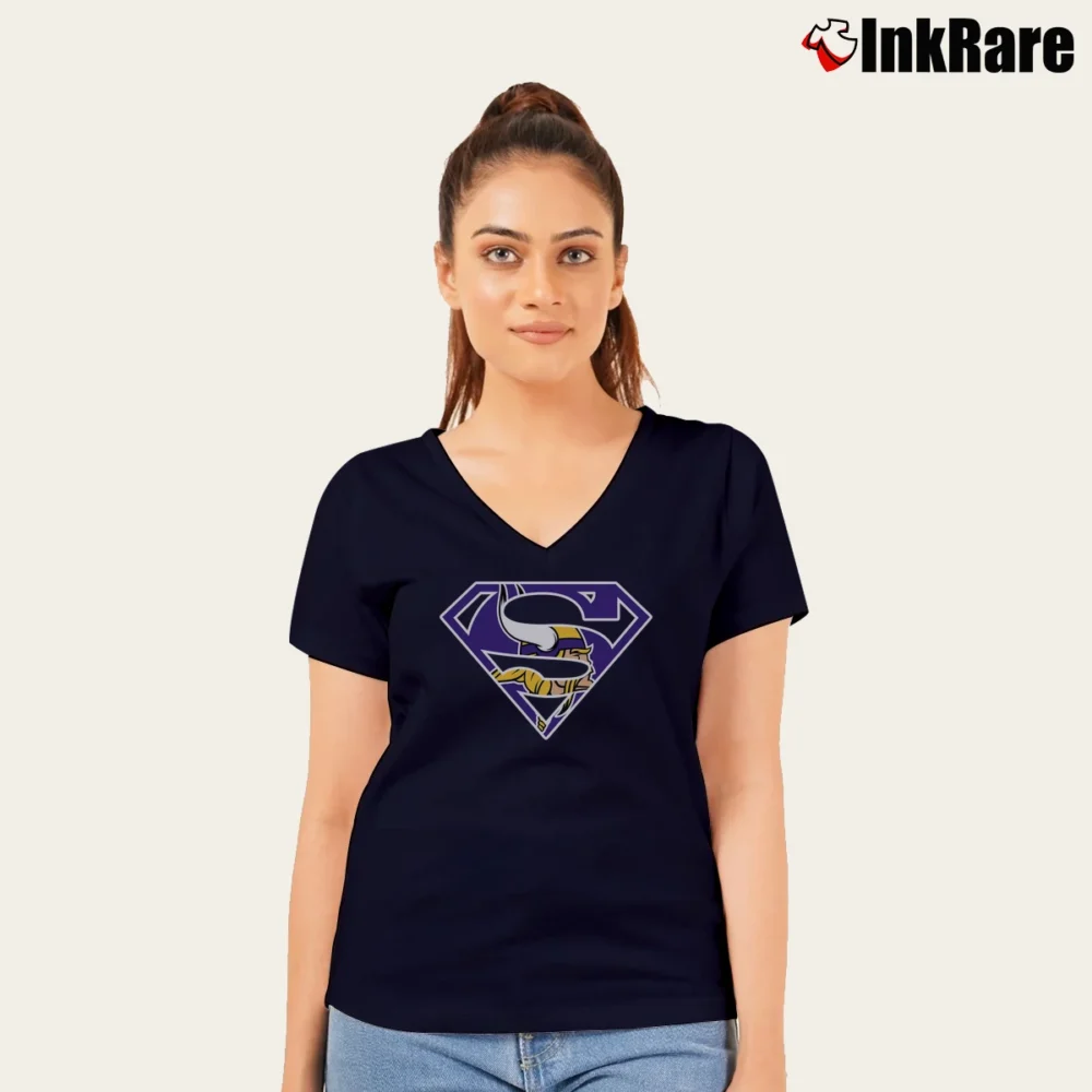 Women’s Minnesota Vikings x Superman Fan Design V-Neck Tee in navy | Chic Neckline, Soft Texture