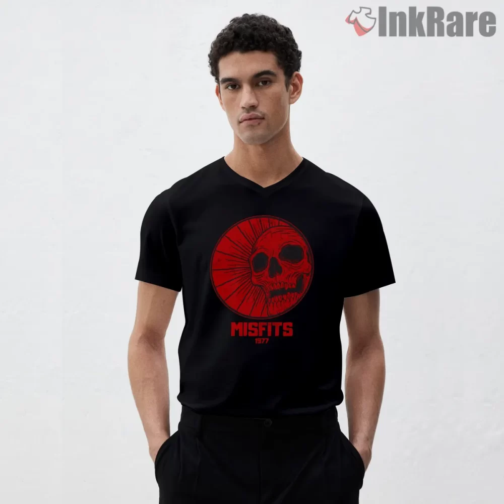 Misfits 1977 Red Skull Badge Shirt on black v-neck shirt for men graphic tee