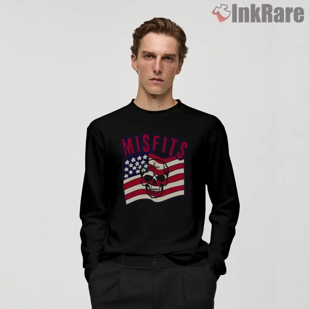 Misfits American Flag Skull Badge Shirt on black long sleeve shirt for men graphic tee