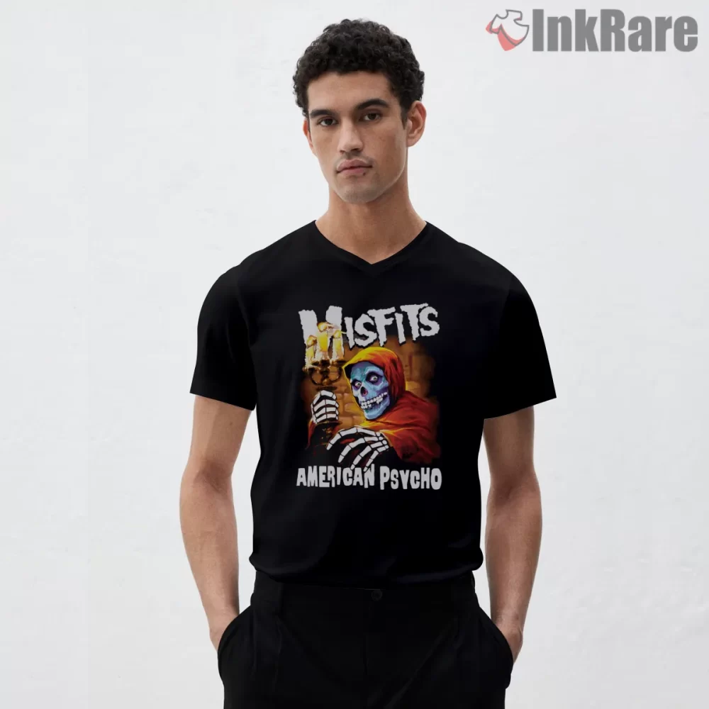 Misfits American Psycho Candle Skull Shirt on black v-neck shirt for men graphic tee
