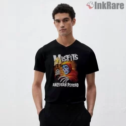 Misfits American Psycho Candle Skull Shirt on black v-neck shirt for men graphic tee