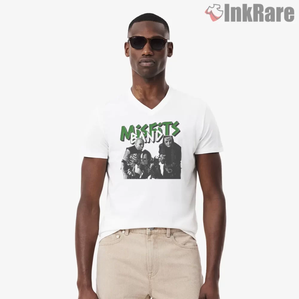 Misfits Band Makeup Portrait Green Lettering Shirt on white v-neck shirt for men graphic tee