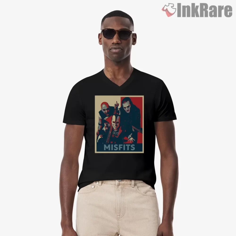 Misfits Band Photo Poster Style Shirt on black v-neck shirt for men graphic tee