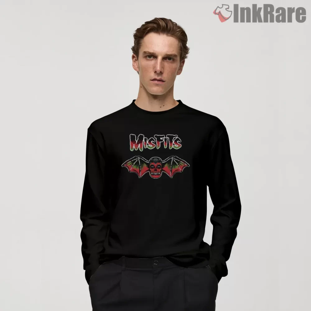 Misfits Bat Wings Skull Emblem Shirt on black long sleeve shirt for men graphic tee